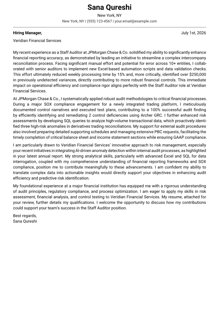 Staff Auditor cover letter example preview