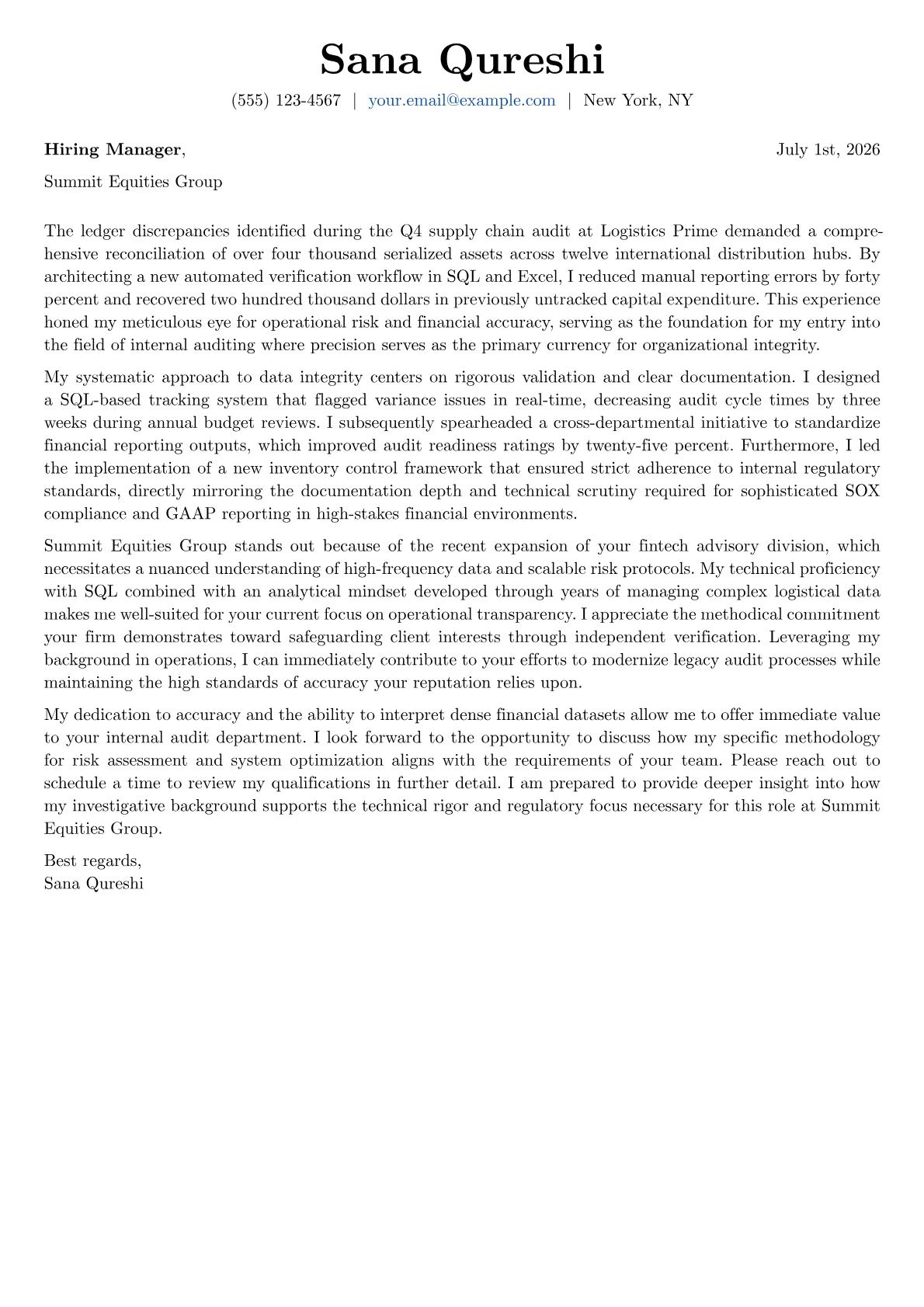 Staff Auditor cover letter in the Basic design
