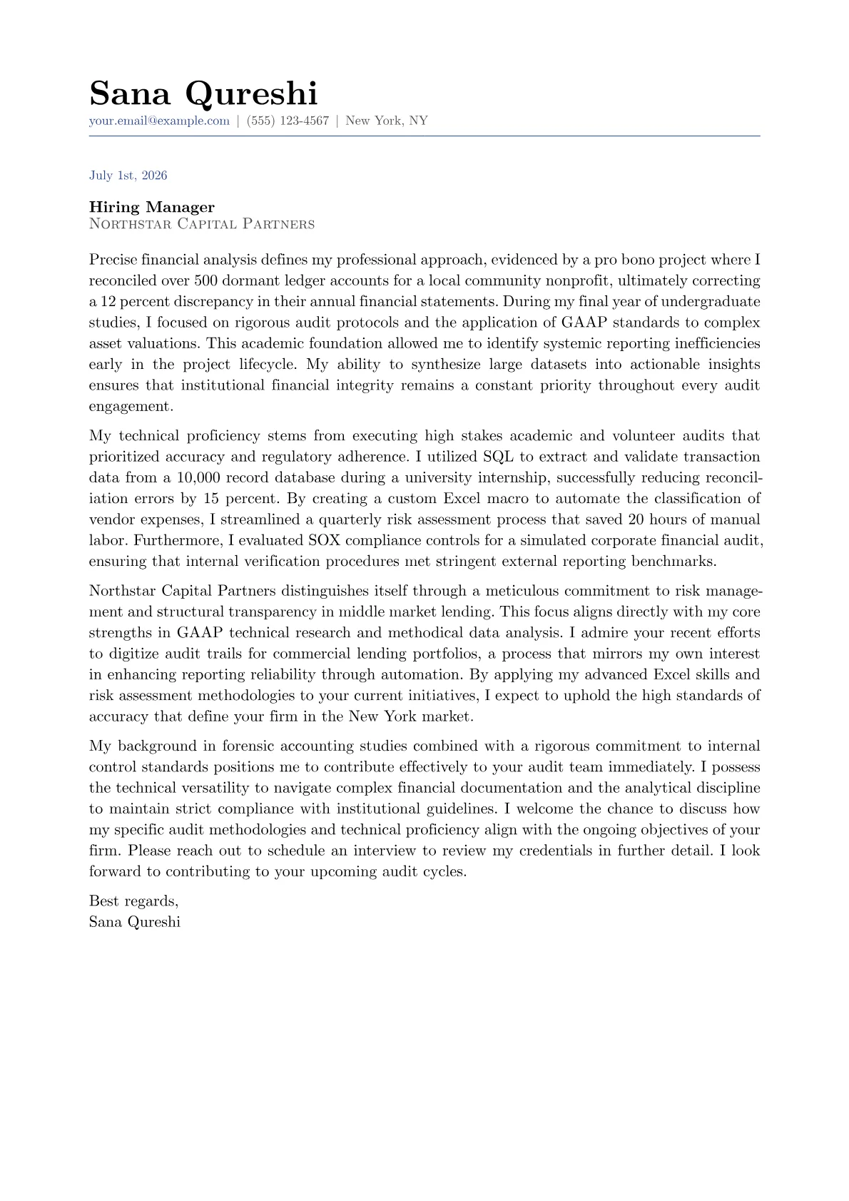 Staff Auditor cover letter in the Classic design