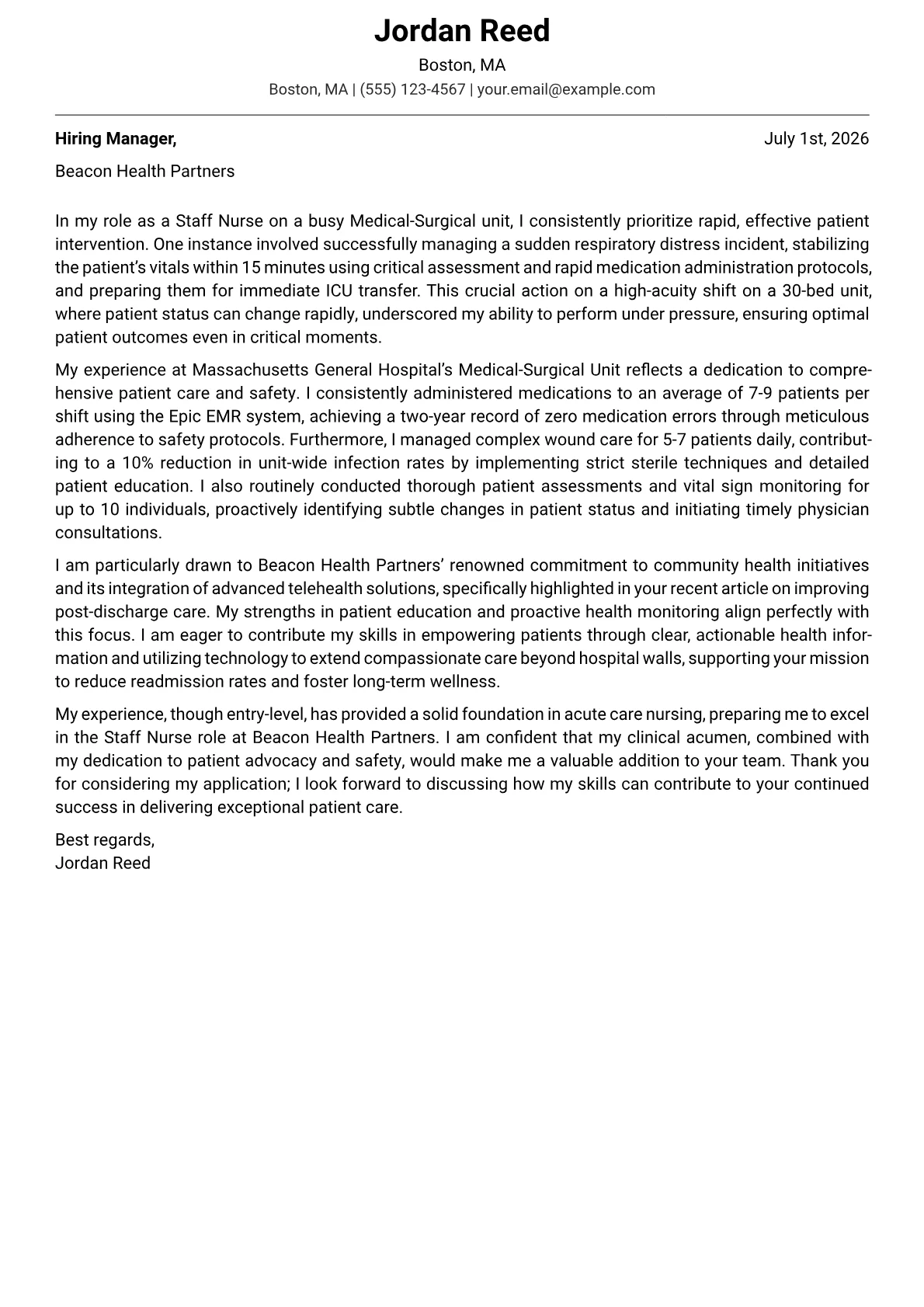 Staff Nurse cover letter formatted with a JobSprout template