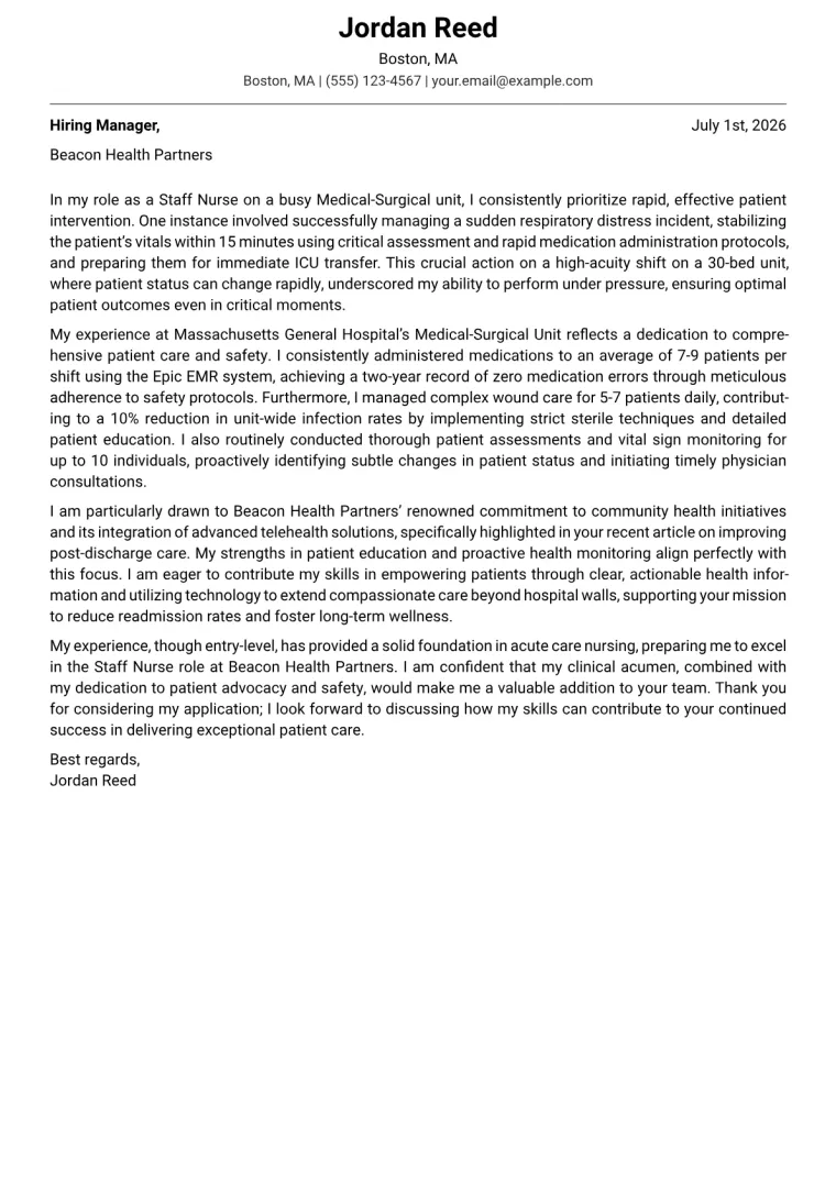 Staff Nurse Cover Letter Example