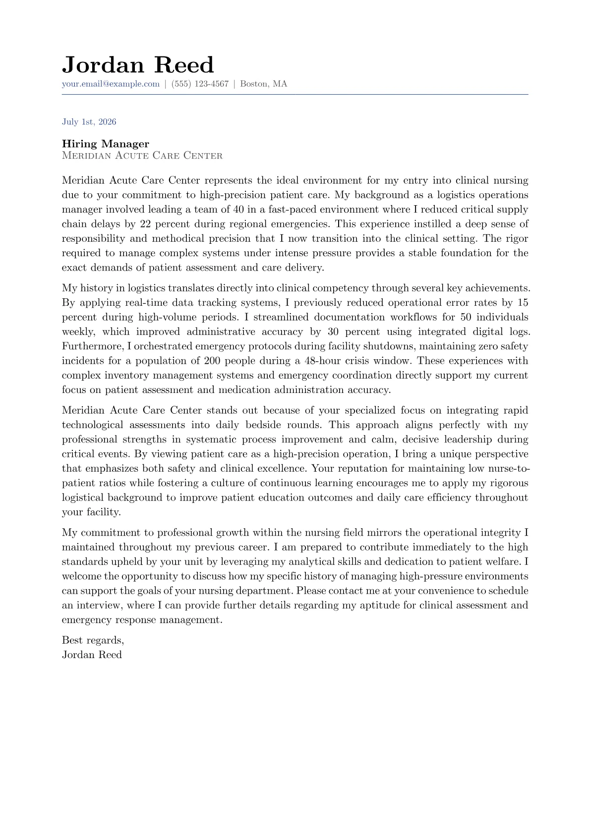 Staff Nurse cover letter in the Classic design