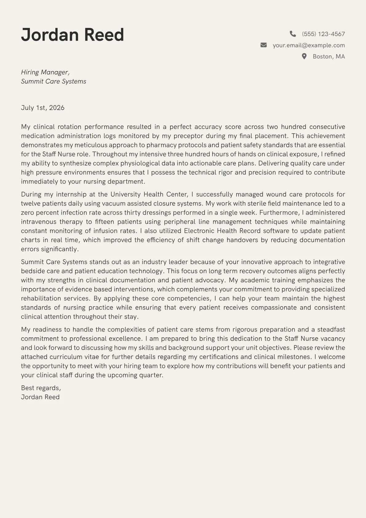 Staff Nurse cover letter in the Creative design