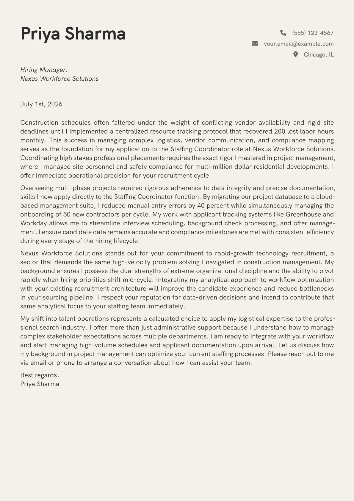 Staffing Coordinator cover letter in the Creative design
