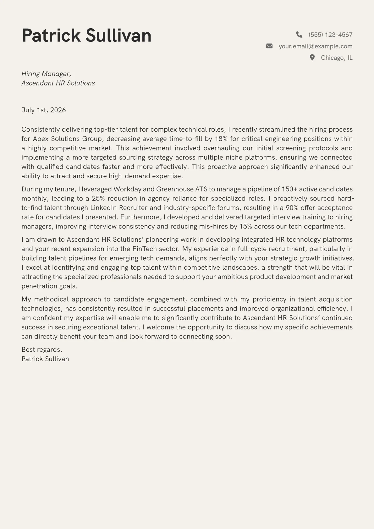 Staffing Specialist cover letter formatted with a JobSprout template