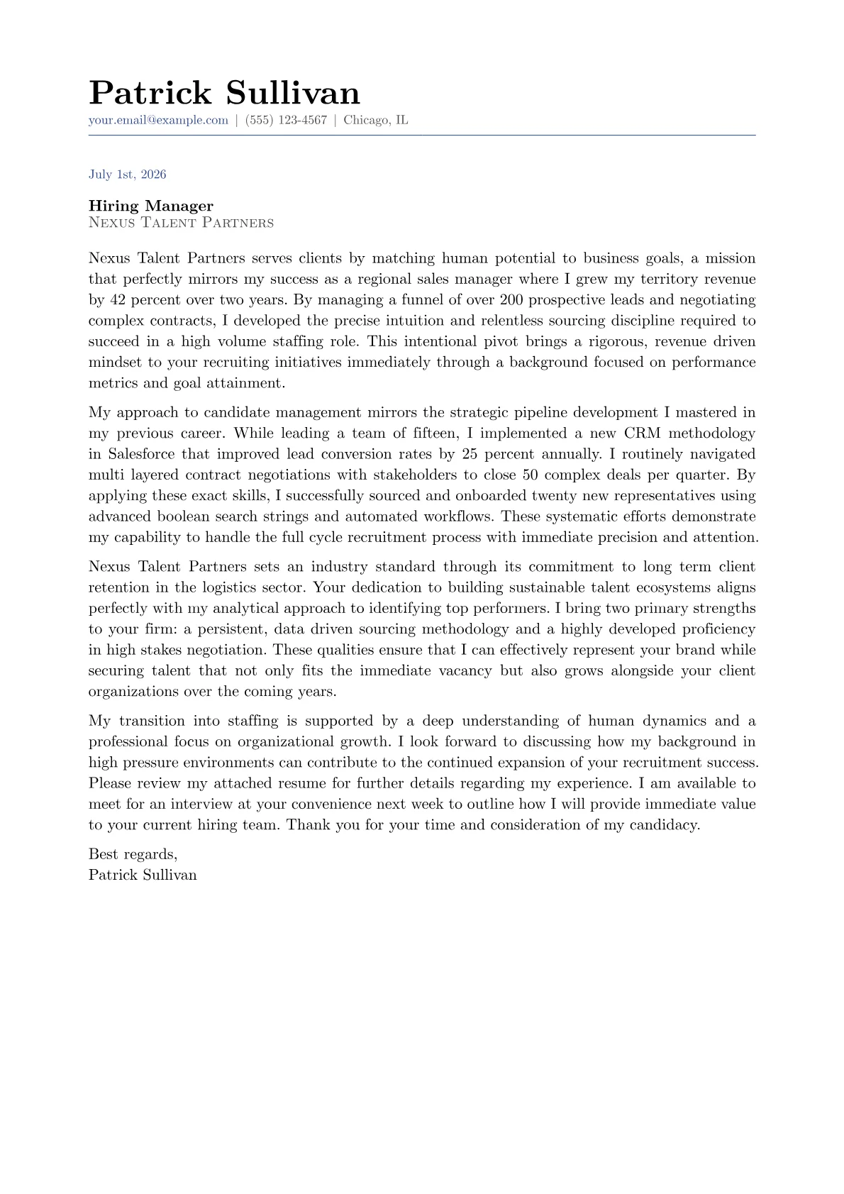 Staffing Specialist cover letter in the Classic design