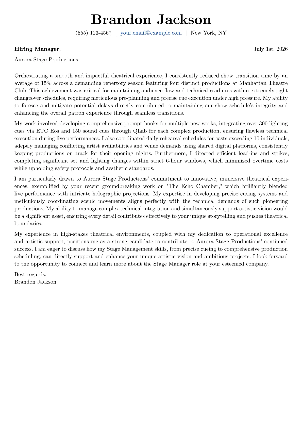 Stage Manager cover letter formatted with a JobSprout template