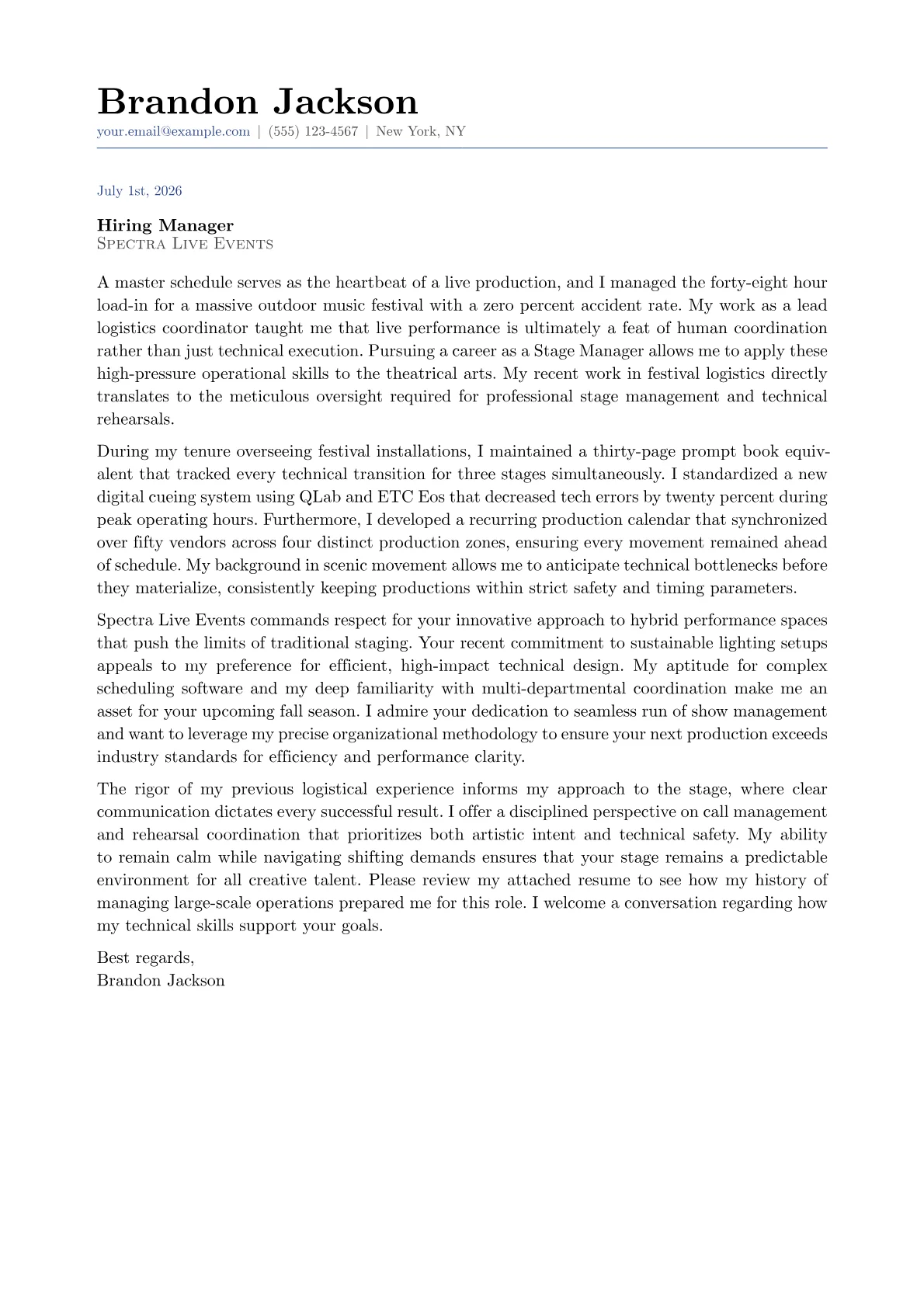 Stage Manager cover letter in the Classic design
