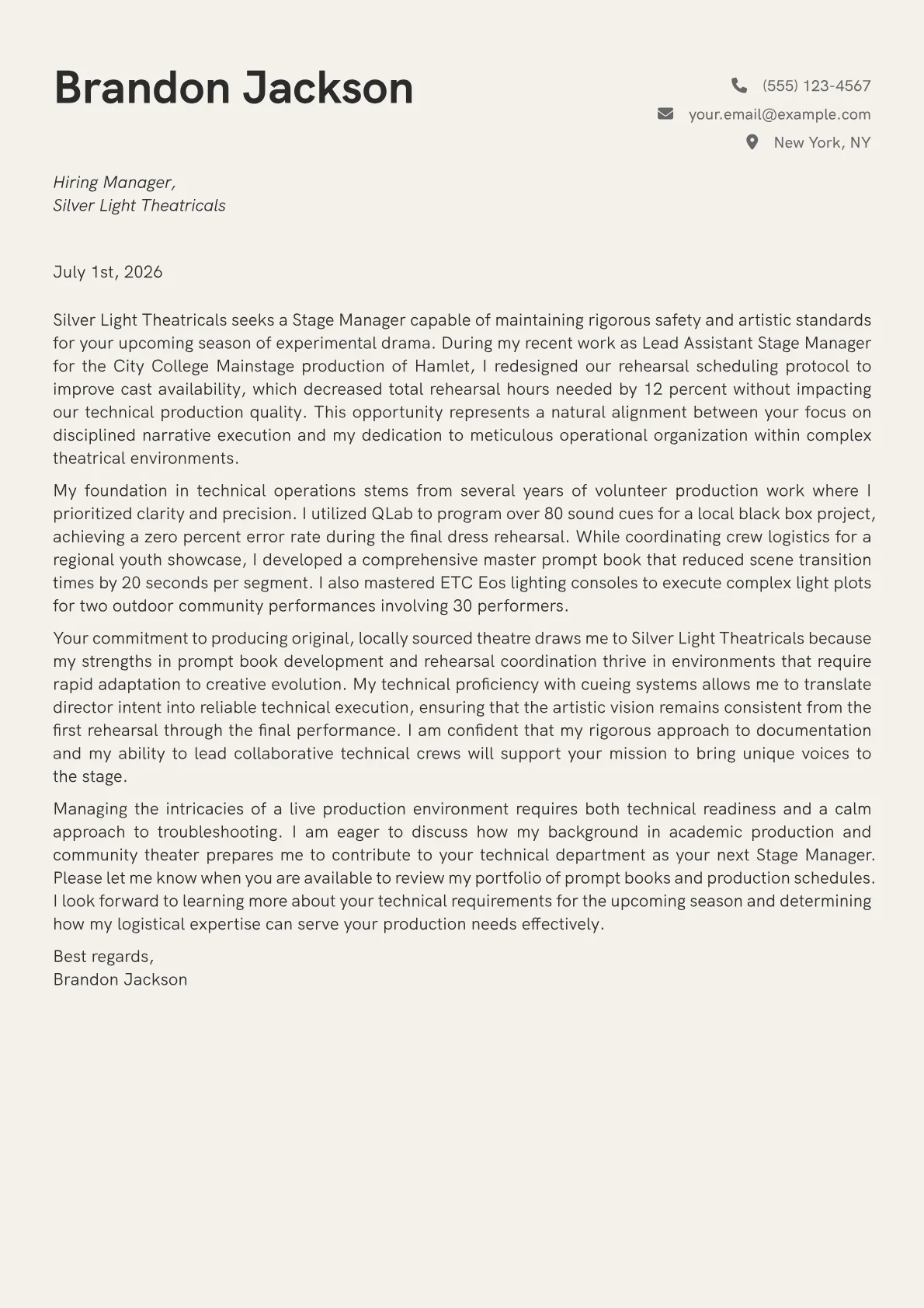 Stage Manager cover letter in the Creative design