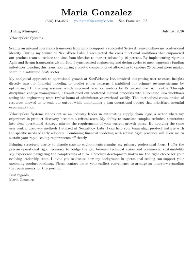 Startup cover letter example