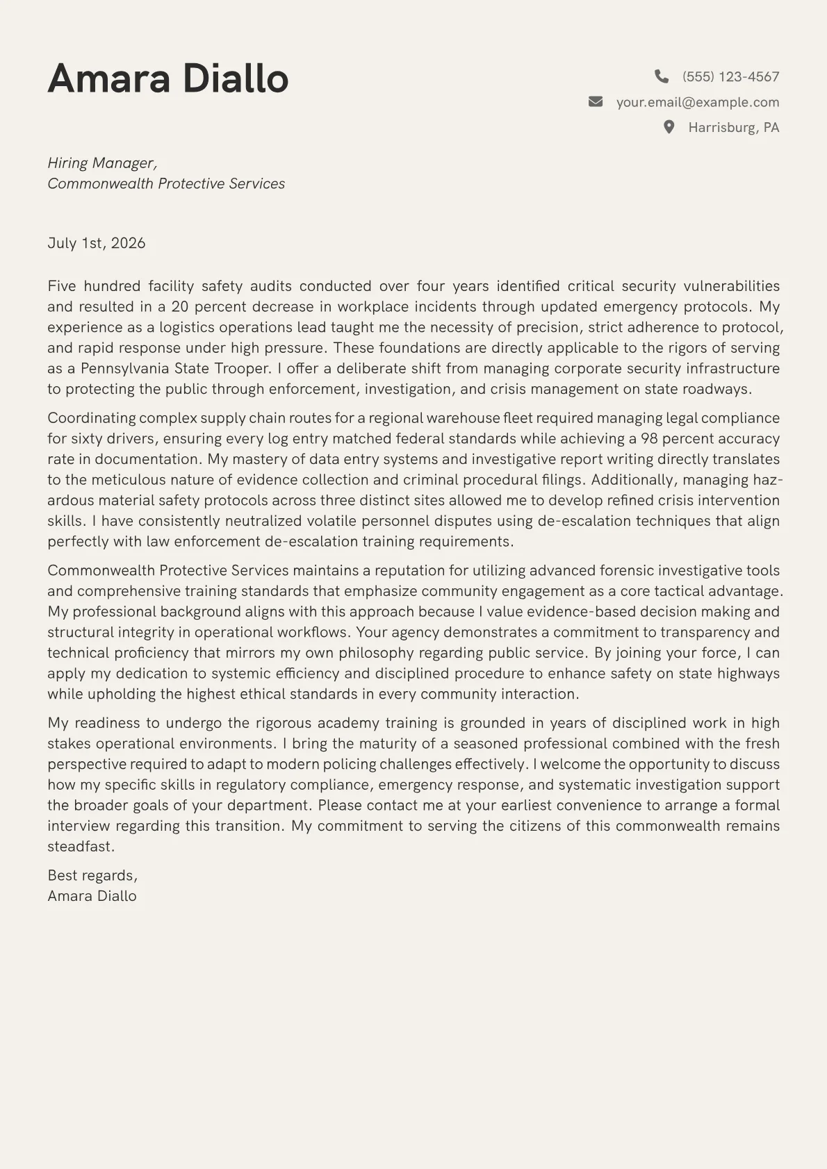 State Trooper cover letter in the Creative design