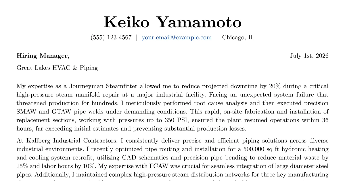 Written Job Analysis Example Steamfitter Cover Letter Example + Template (2026)