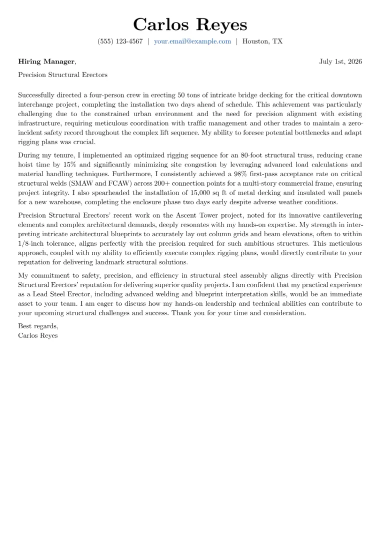 Steel Erector Cover Letter Example + Template (2026)