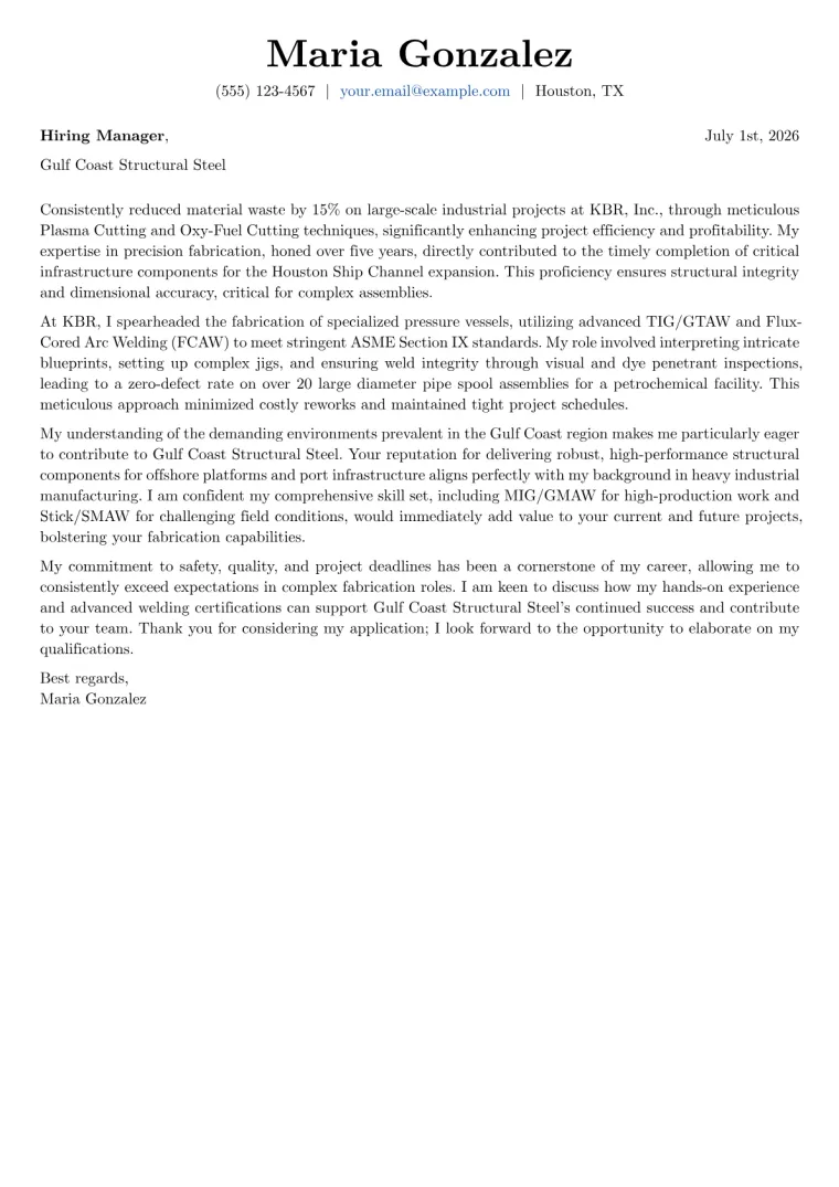 Steel Fabricator Cover Letter Example + Template (2026)