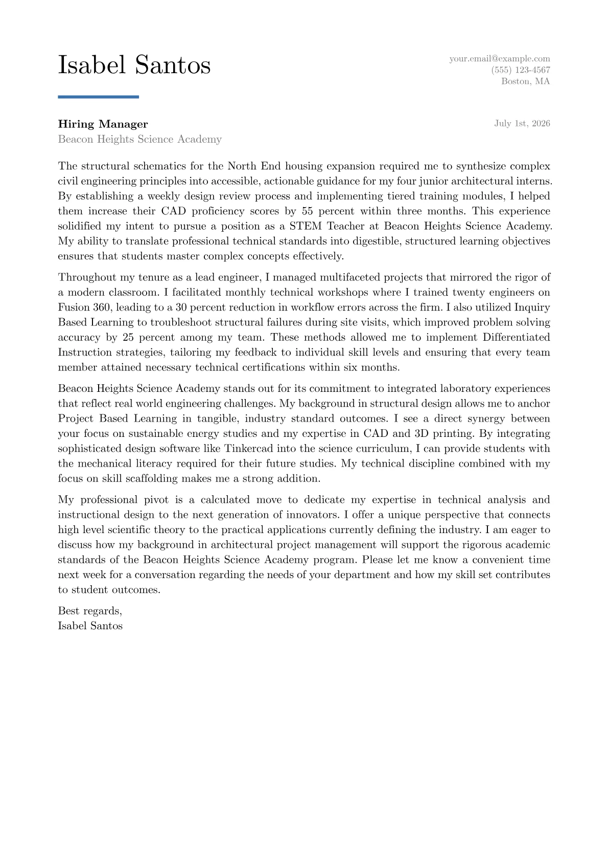 STEM Teacher cover letter in the Executive design