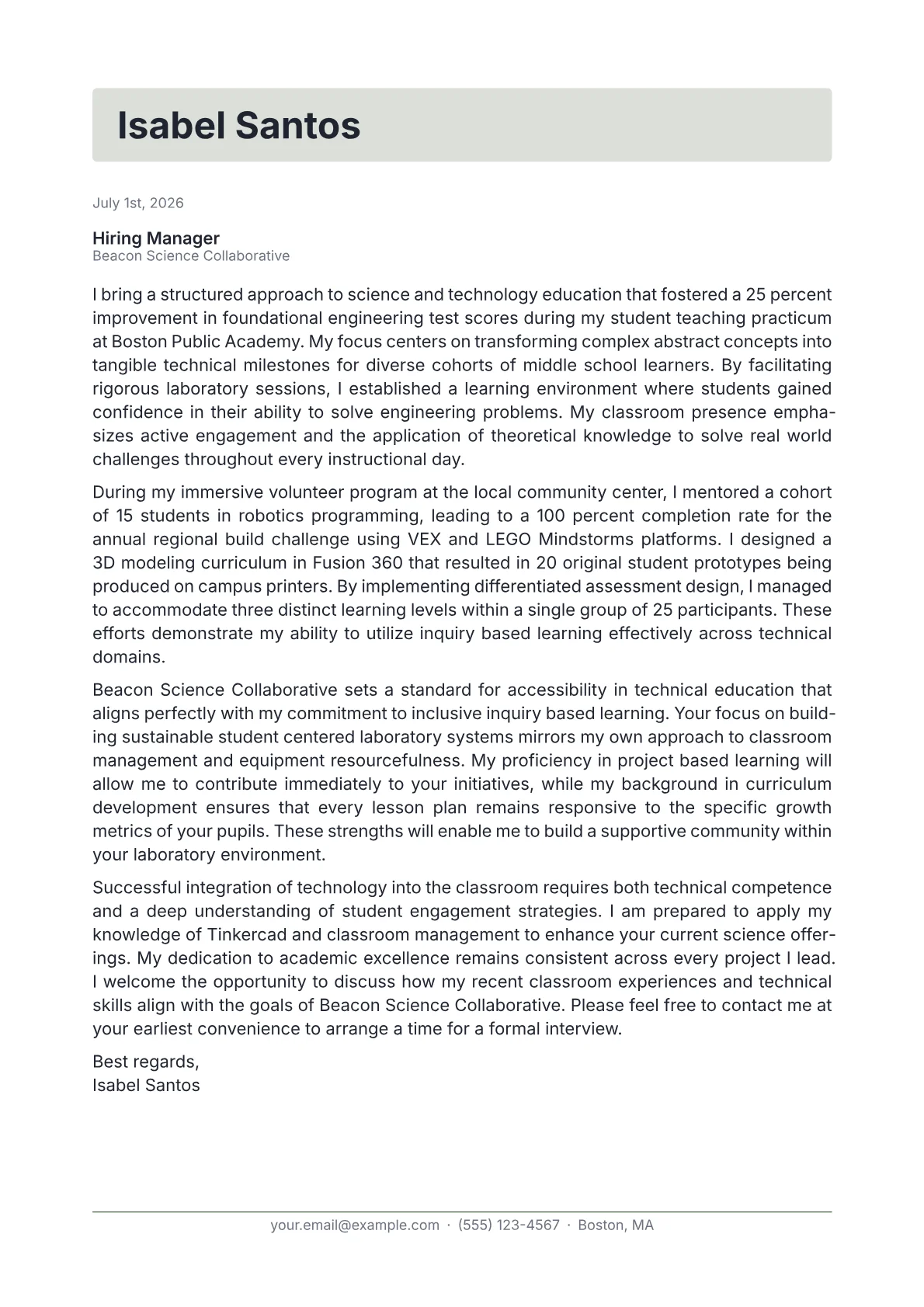 STEM Teacher cover letter in the Letterhead design