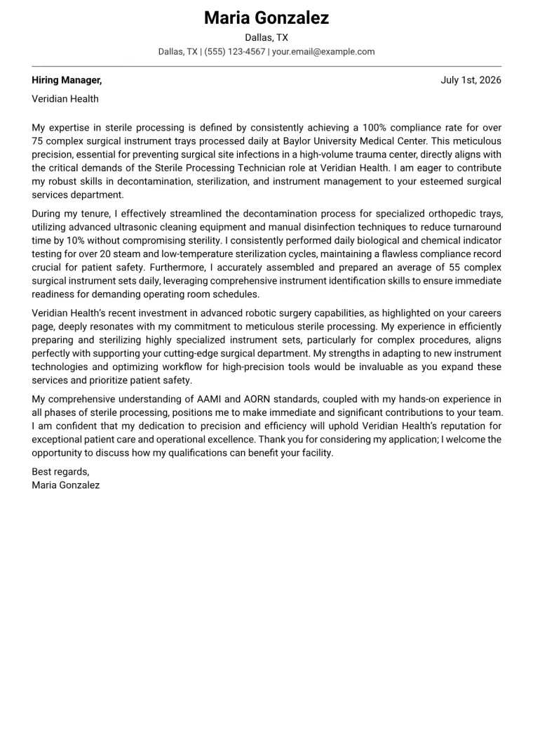 Sterile Processing Technician cover letter example preview