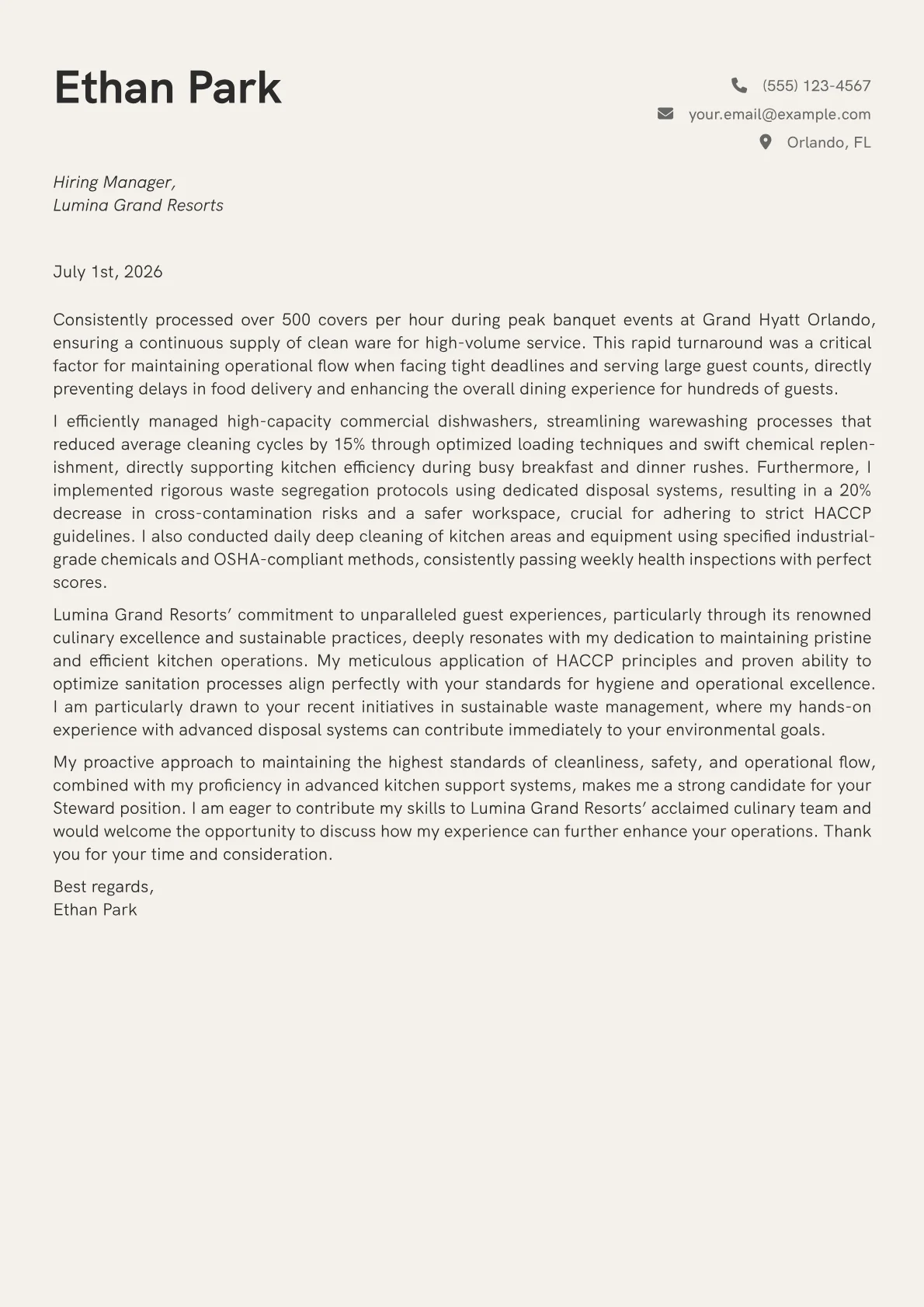 Steward cover letter formatted with a JobSprout template