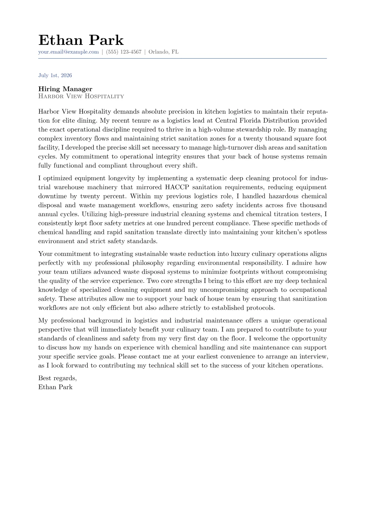 Steward cover letter in the Classic design