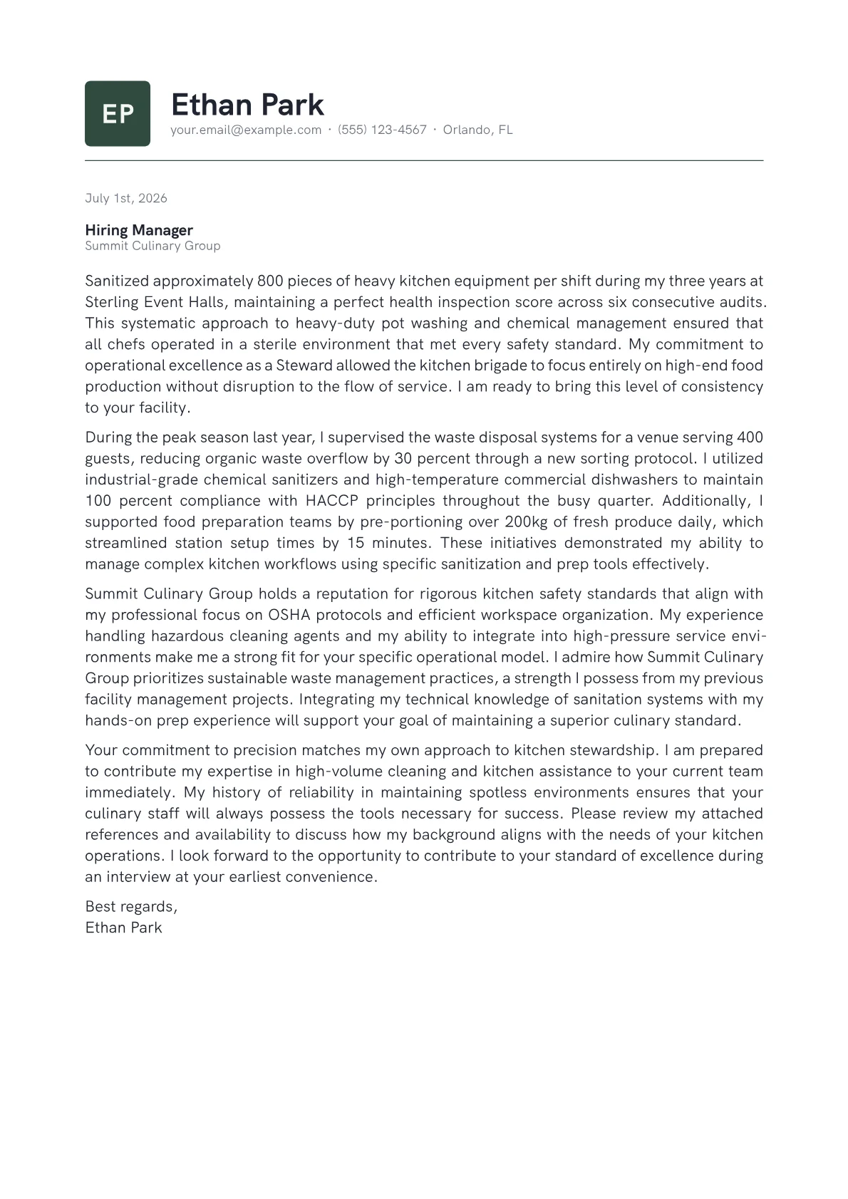 Steward cover letter in the Emblem design