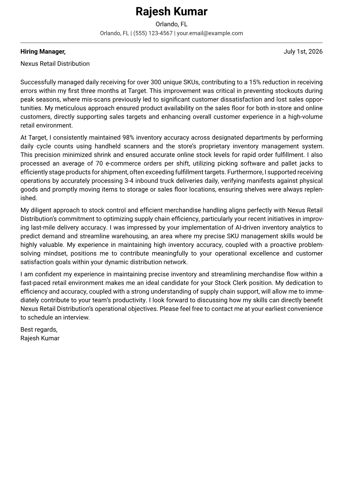Stock Clerk cover letter formatted with a JobSprout template