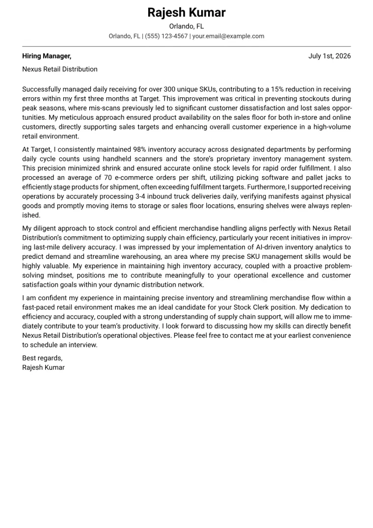 Stock Clerk cover letter example preview