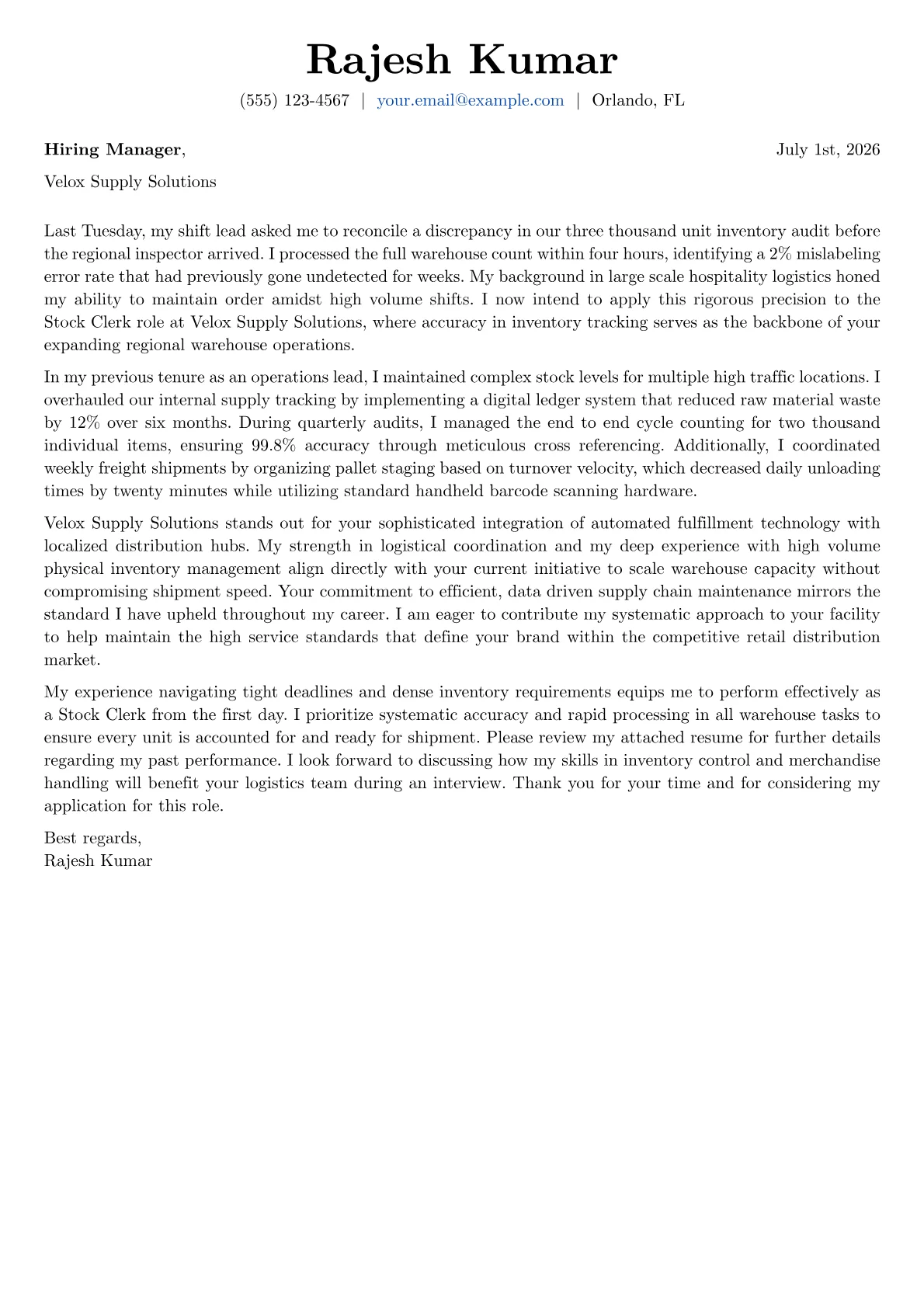 Stock Clerk cover letter in the Basic design