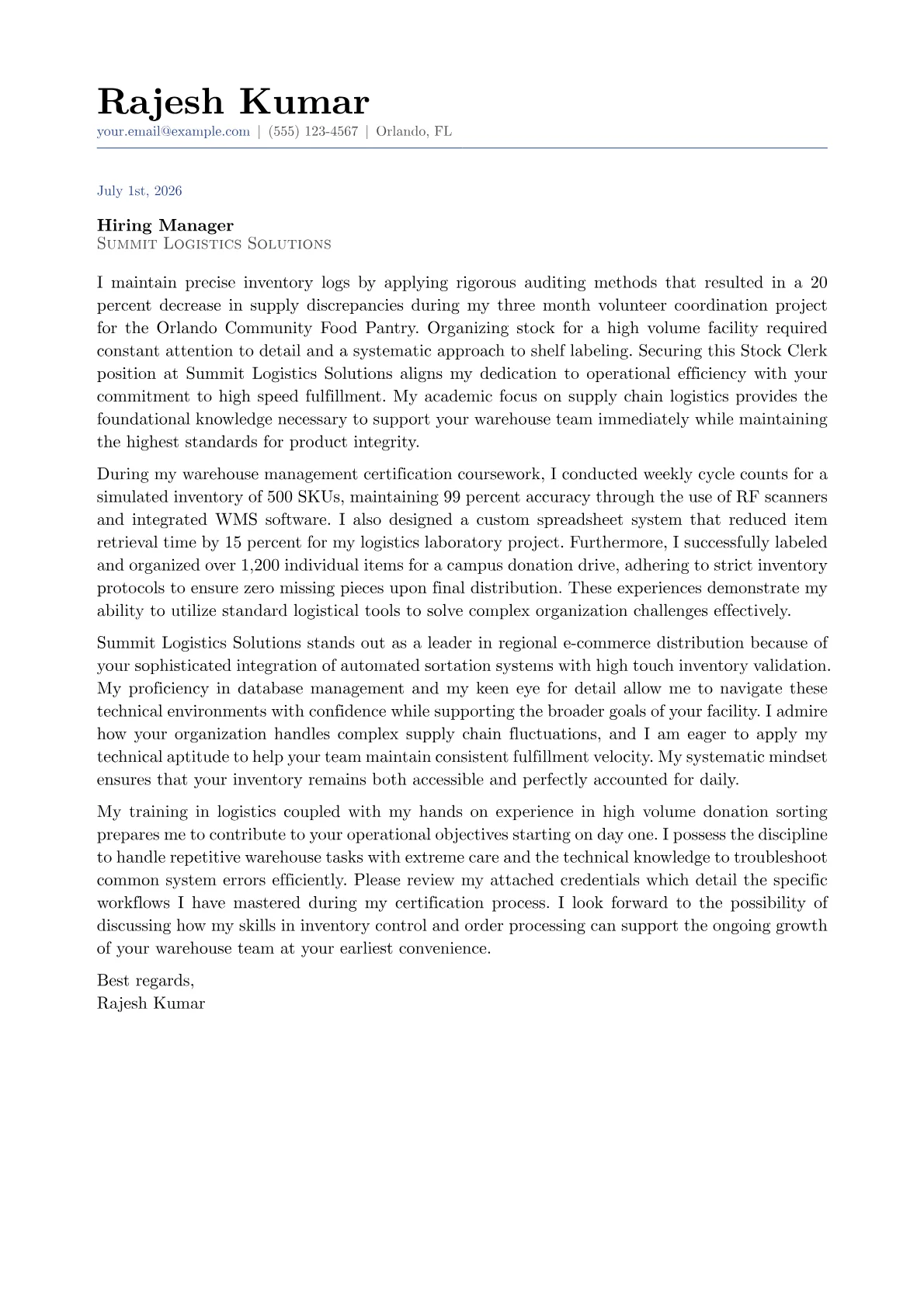 Stock Clerk cover letter in the Classic design