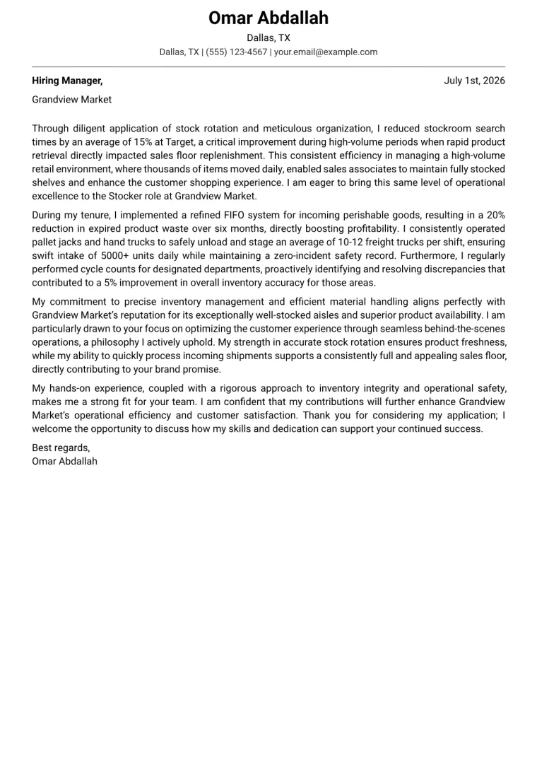 Stocker Cover Letter Example