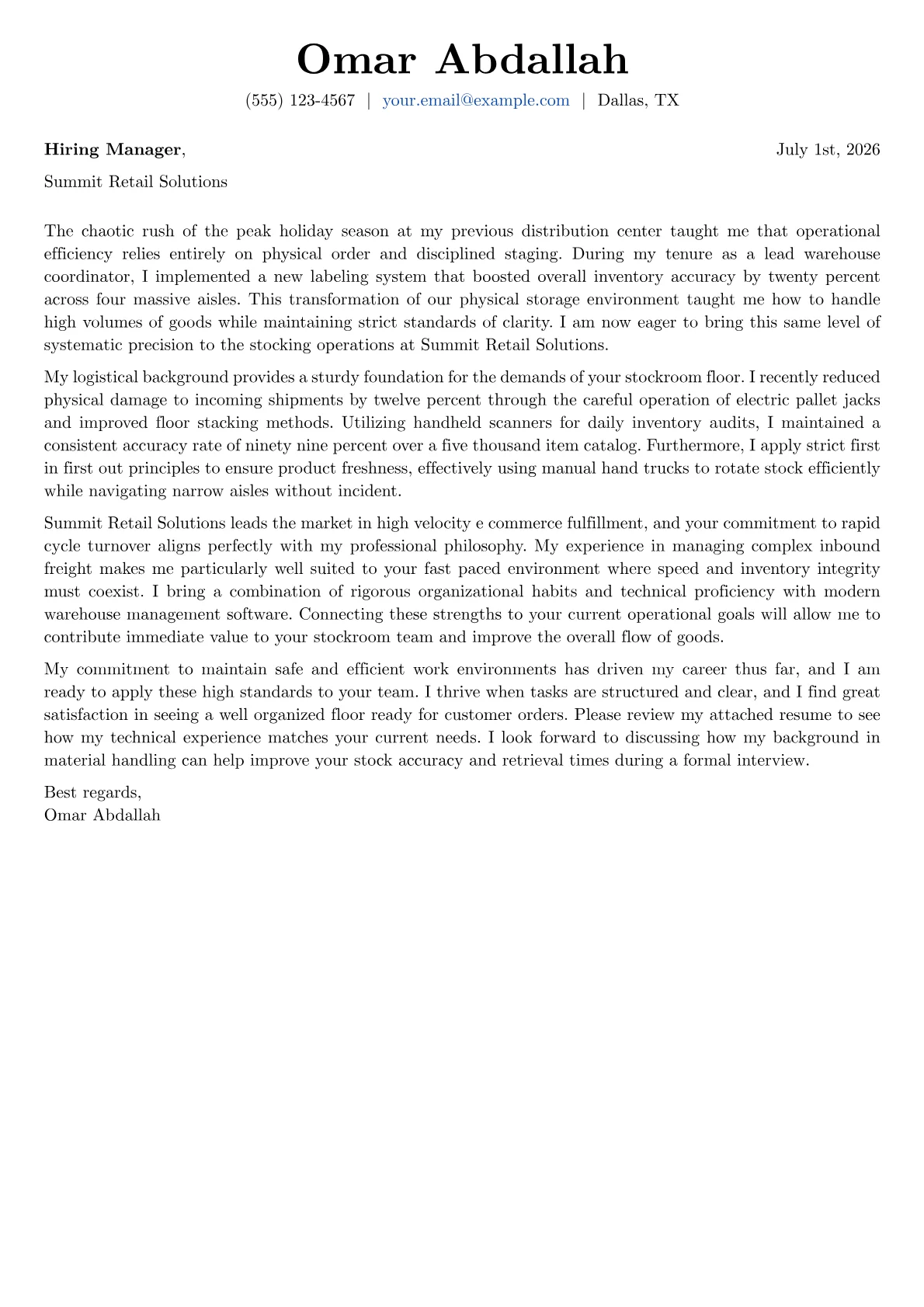 Stocker cover letter in the Basic design