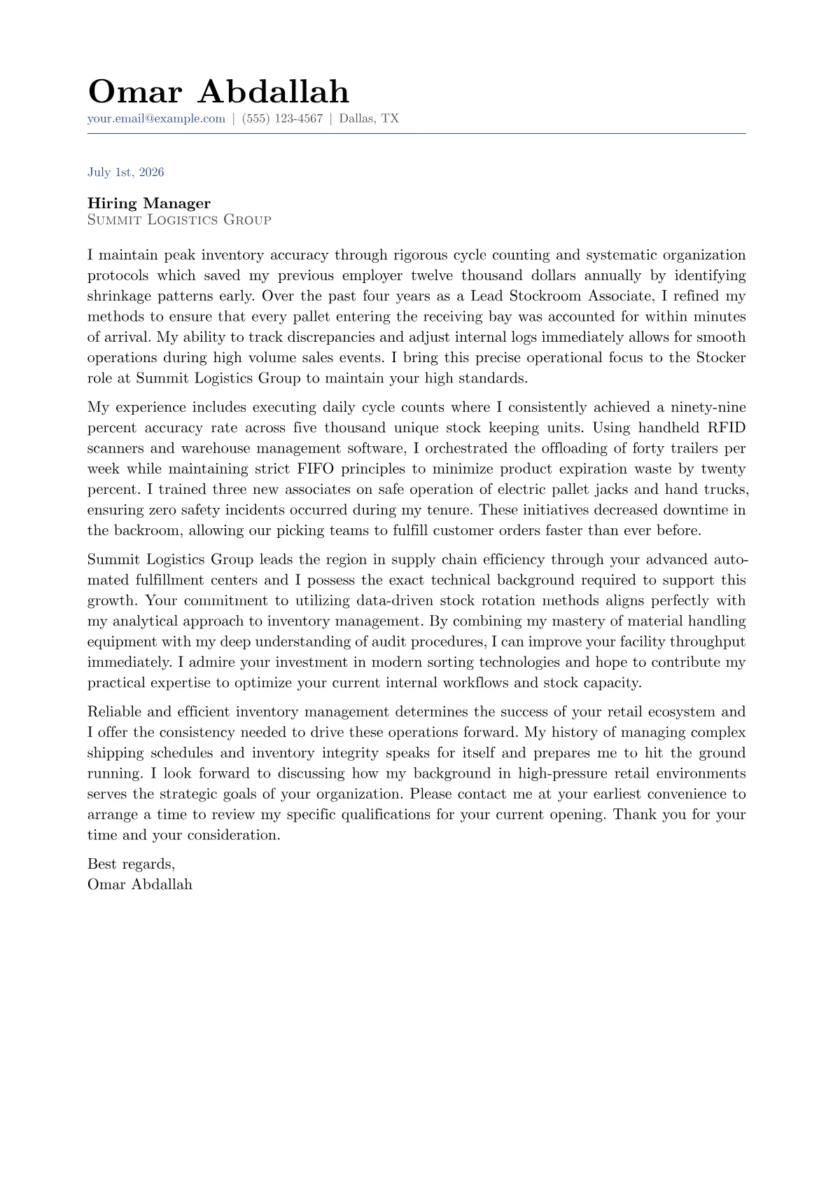 Stocker cover letter in the Classic design