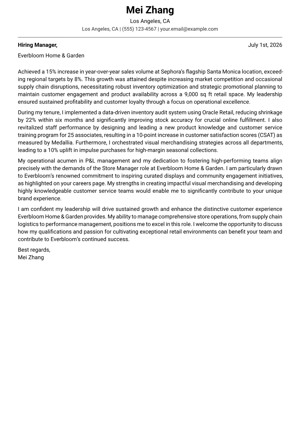 Store Manager cover letter formatted with a JobSprout template
