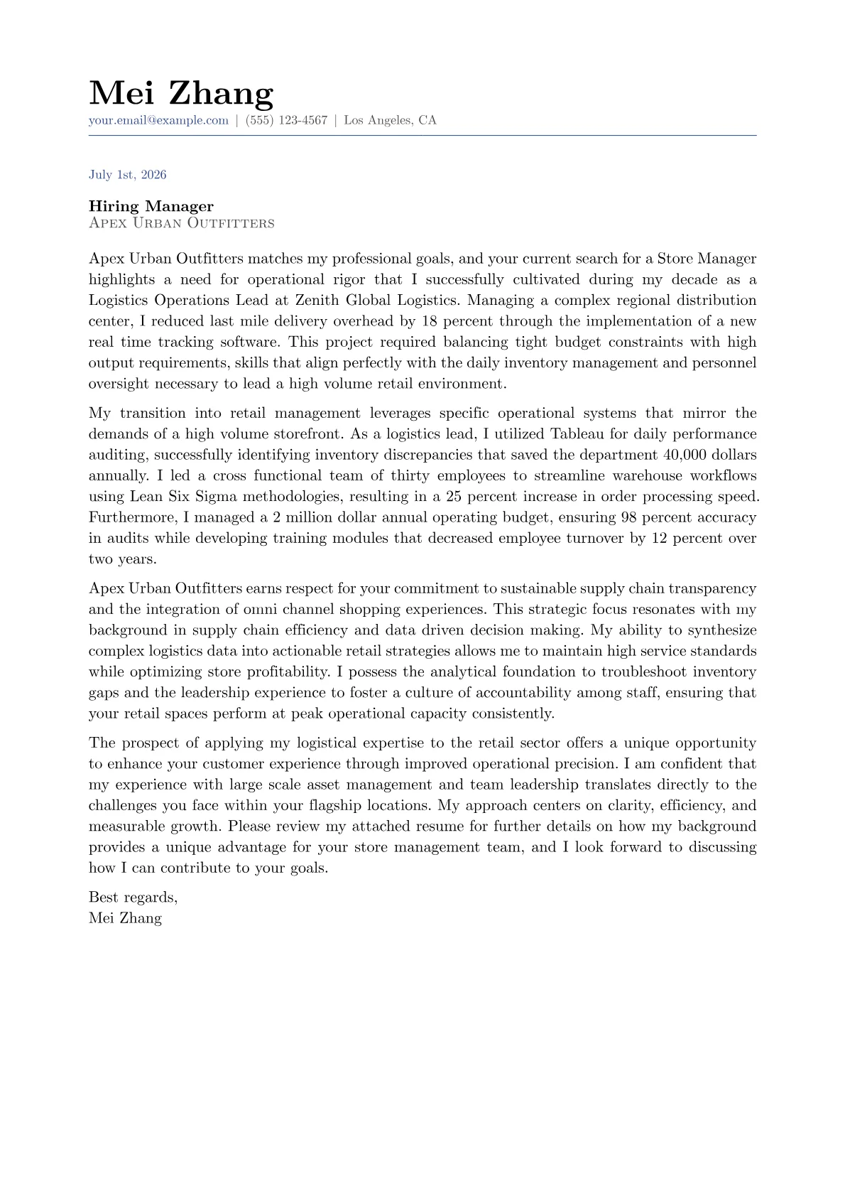Store Manager cover letter in the Classic design