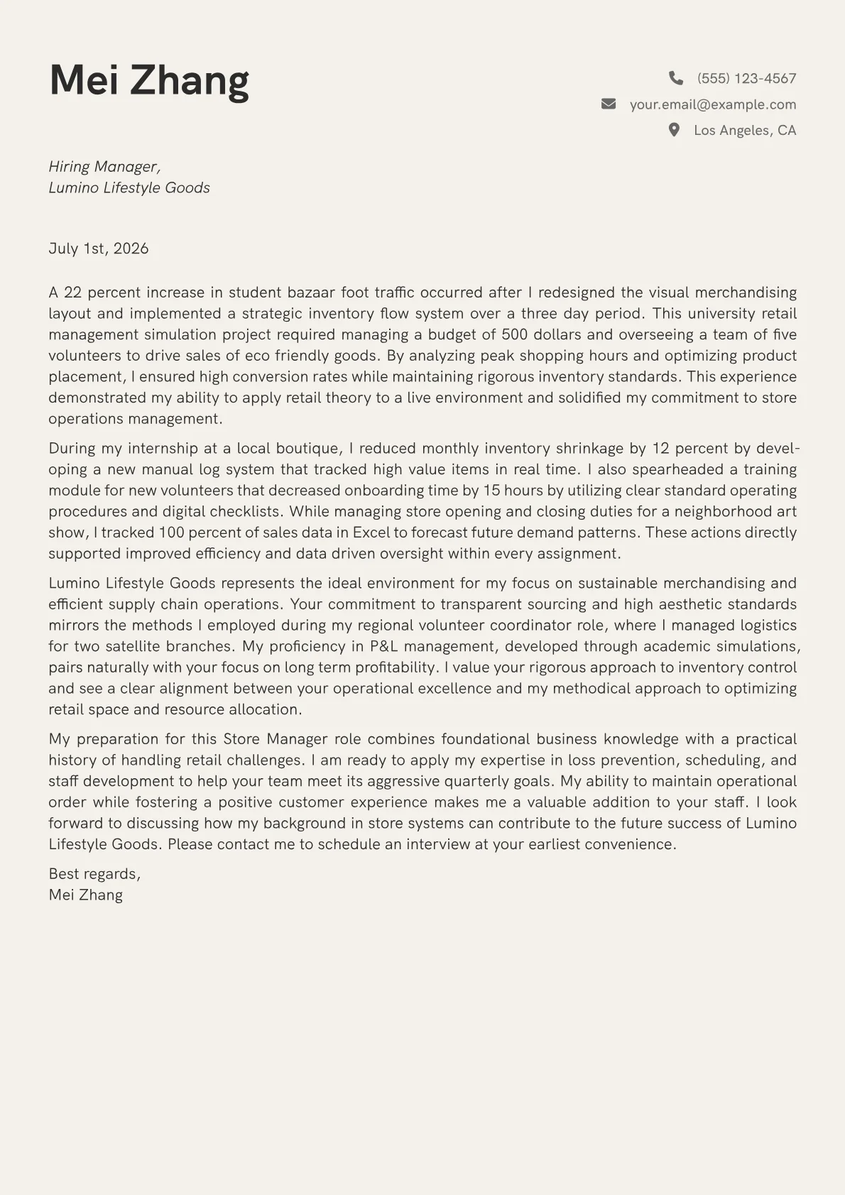 Store Manager cover letter in the Creative design
