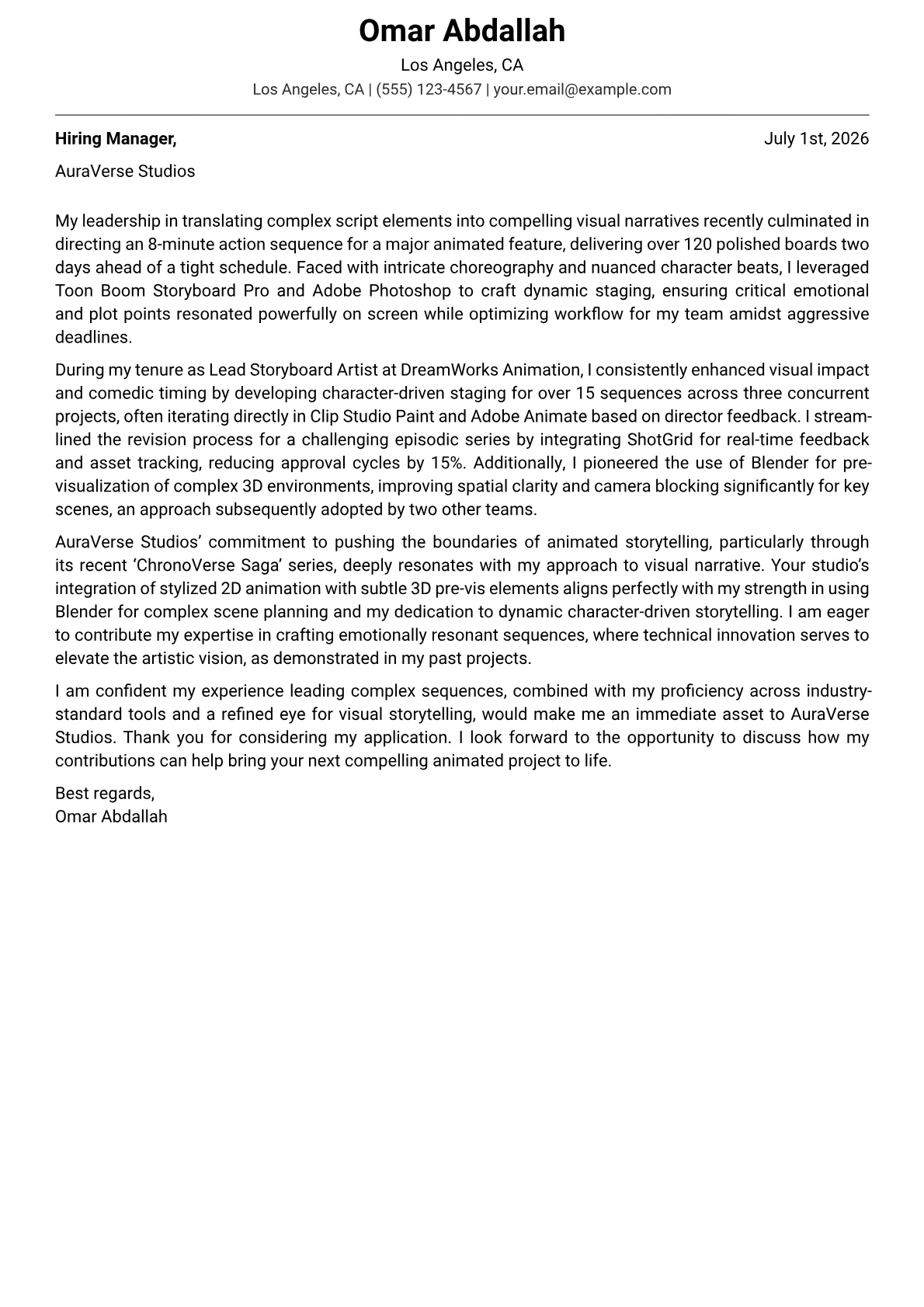 Storyboard Artist cover letter formatted with a JobSprout template