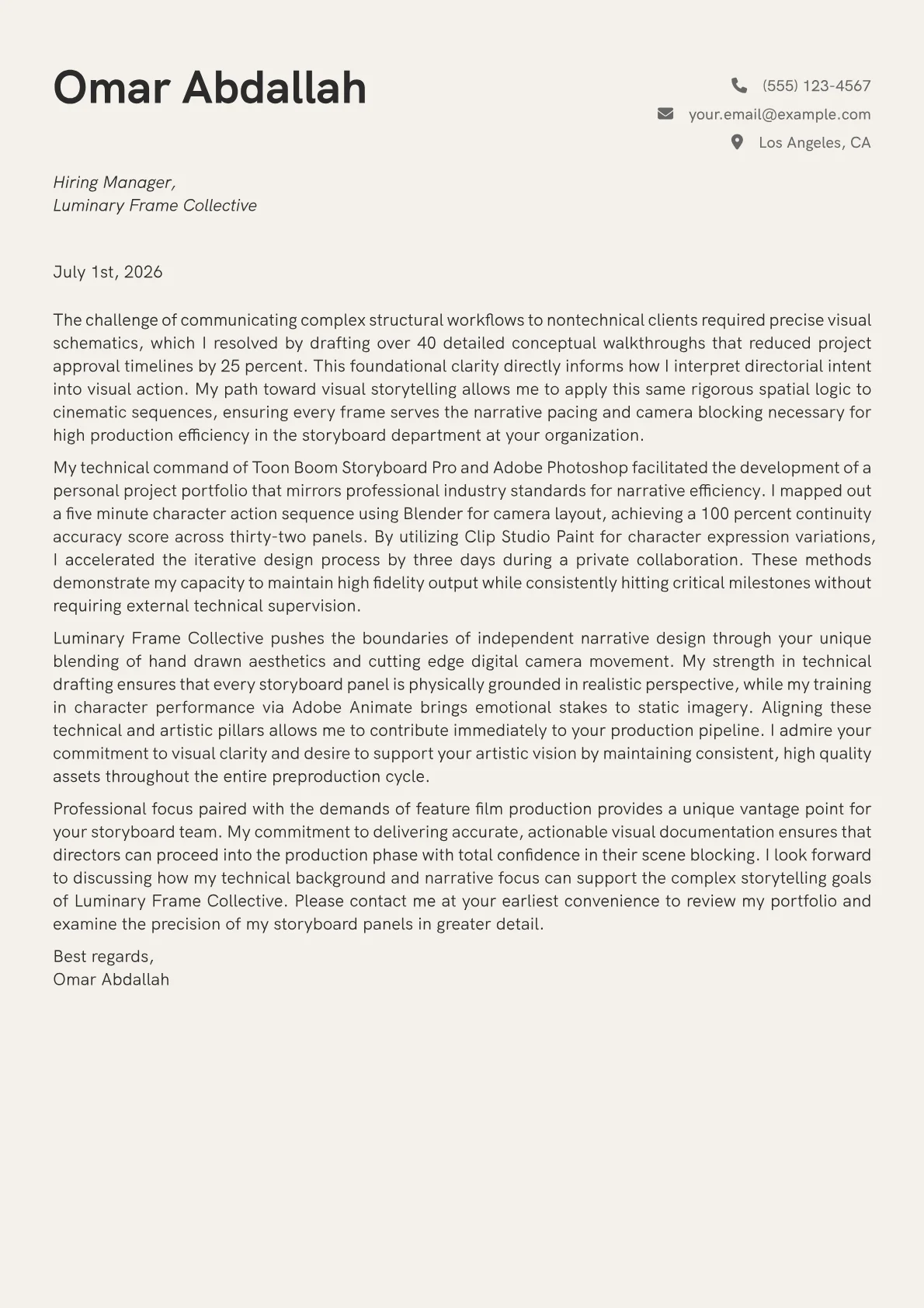 Storyboard Artist cover letter in the Creative design