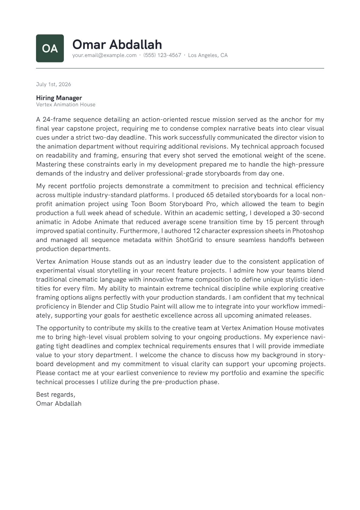 Storyboard Artist cover letter in the Emblem design