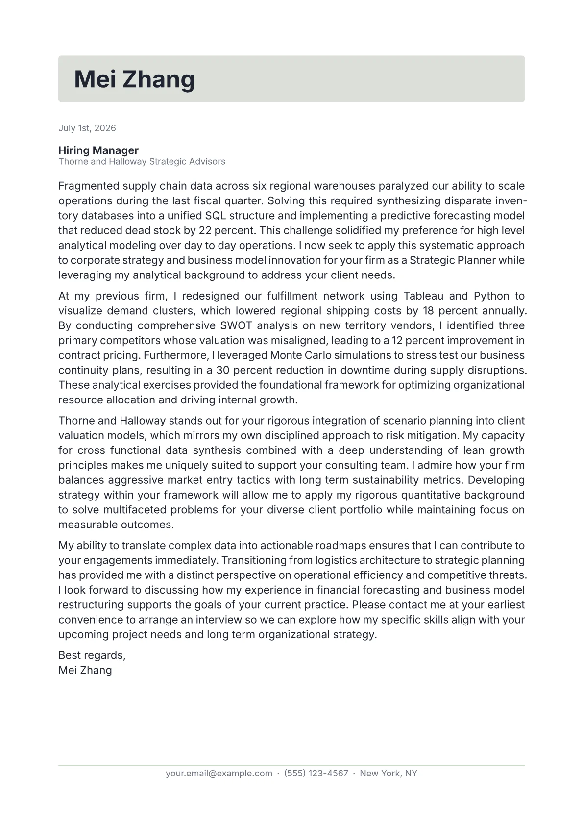 Strategic Planner cover letter in the Letterhead design