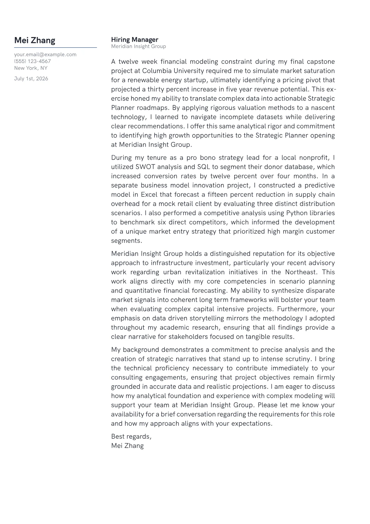 Strategic Planner cover letter in the Margin design