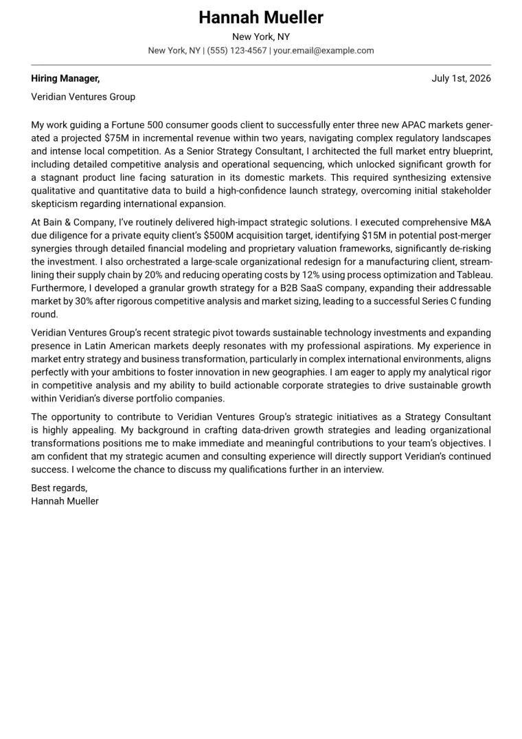 Strategy Consultant cover letter example