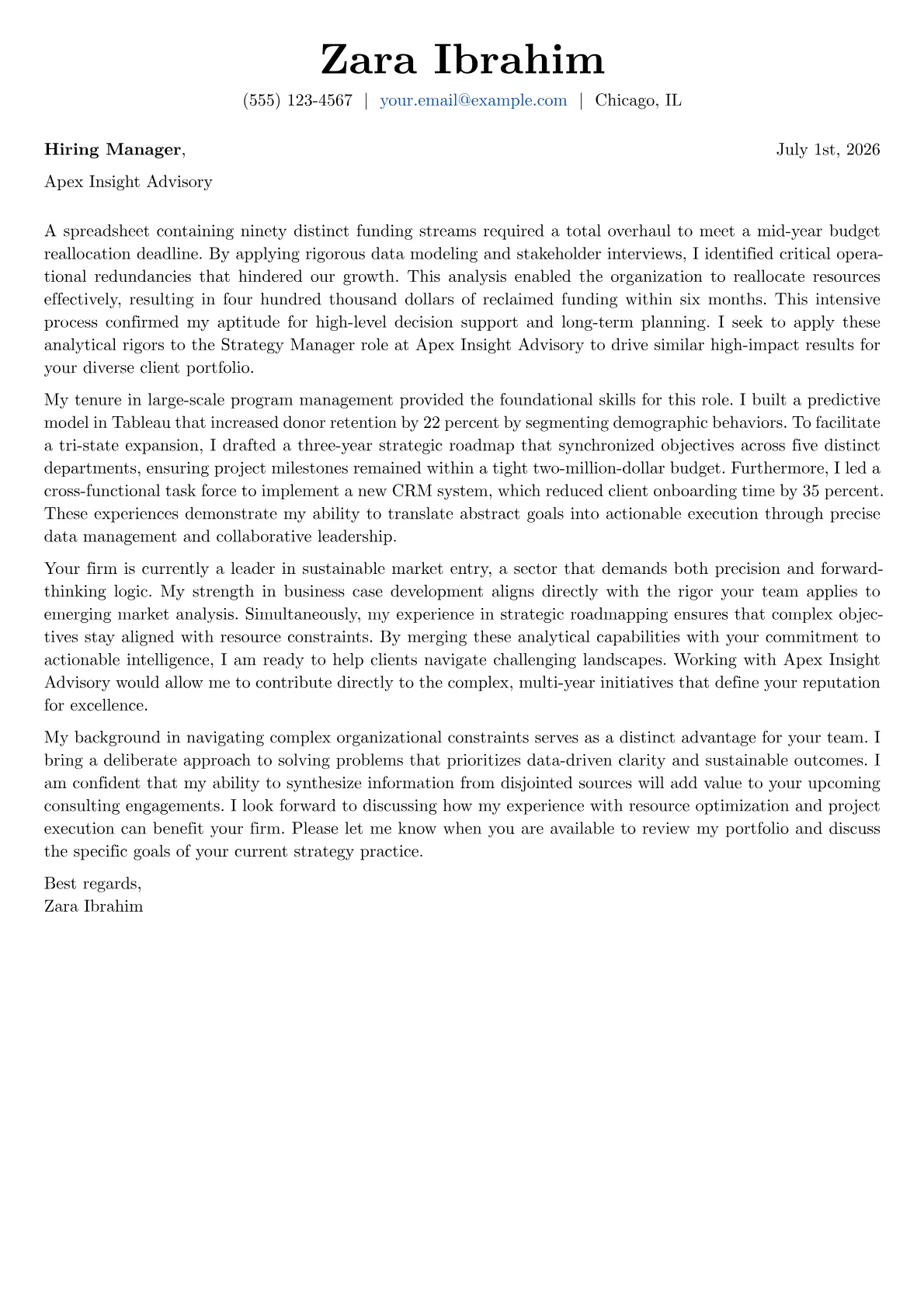 Strategy Manager cover letter in the Basic design