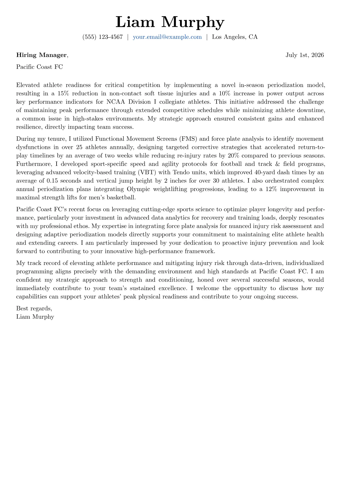 Strength and Conditioning Coach cover letter formatted with a JobSprout template