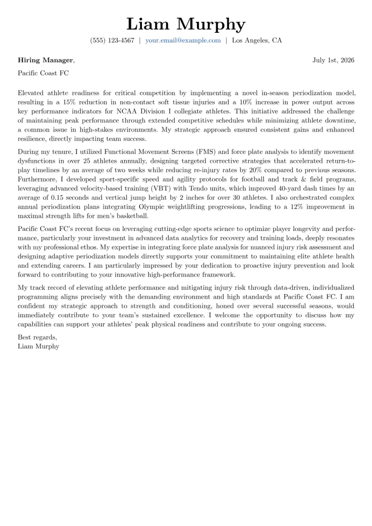 Strength and Conditioning Coach Cover Letter Example