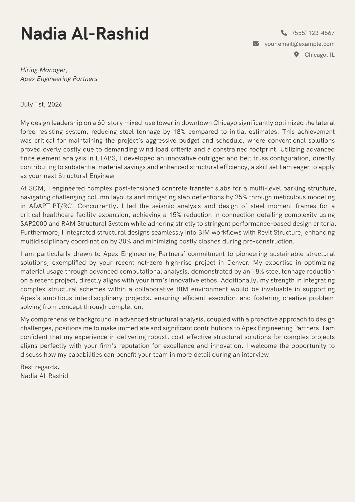 Structural Engineer cover letter formatted with a JobSprout template