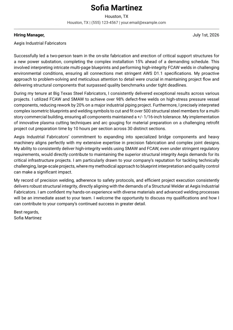 Structural Welder Cover Letter Example