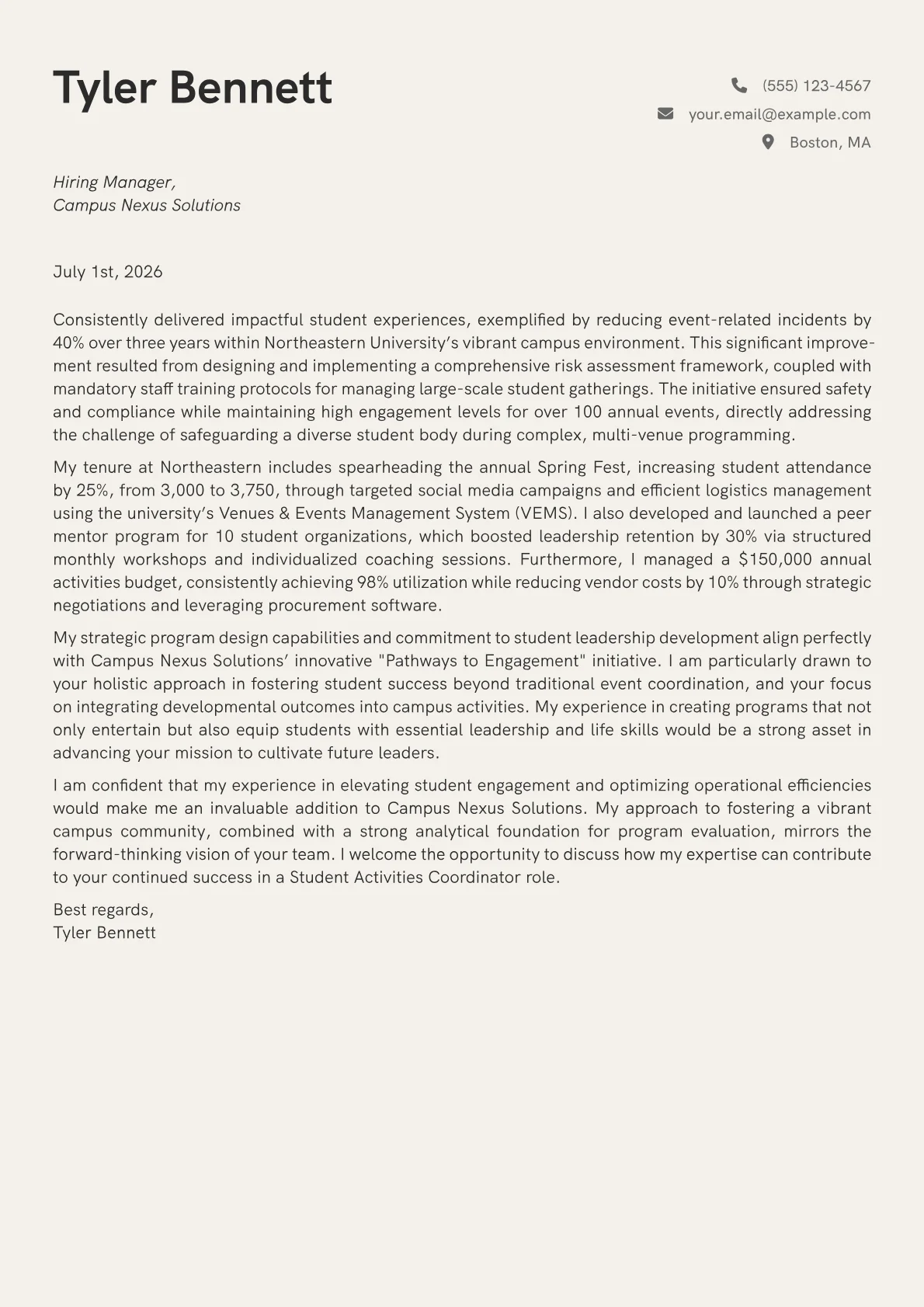 Student Activities Coordinator cover letter formatted with a JobSprout template