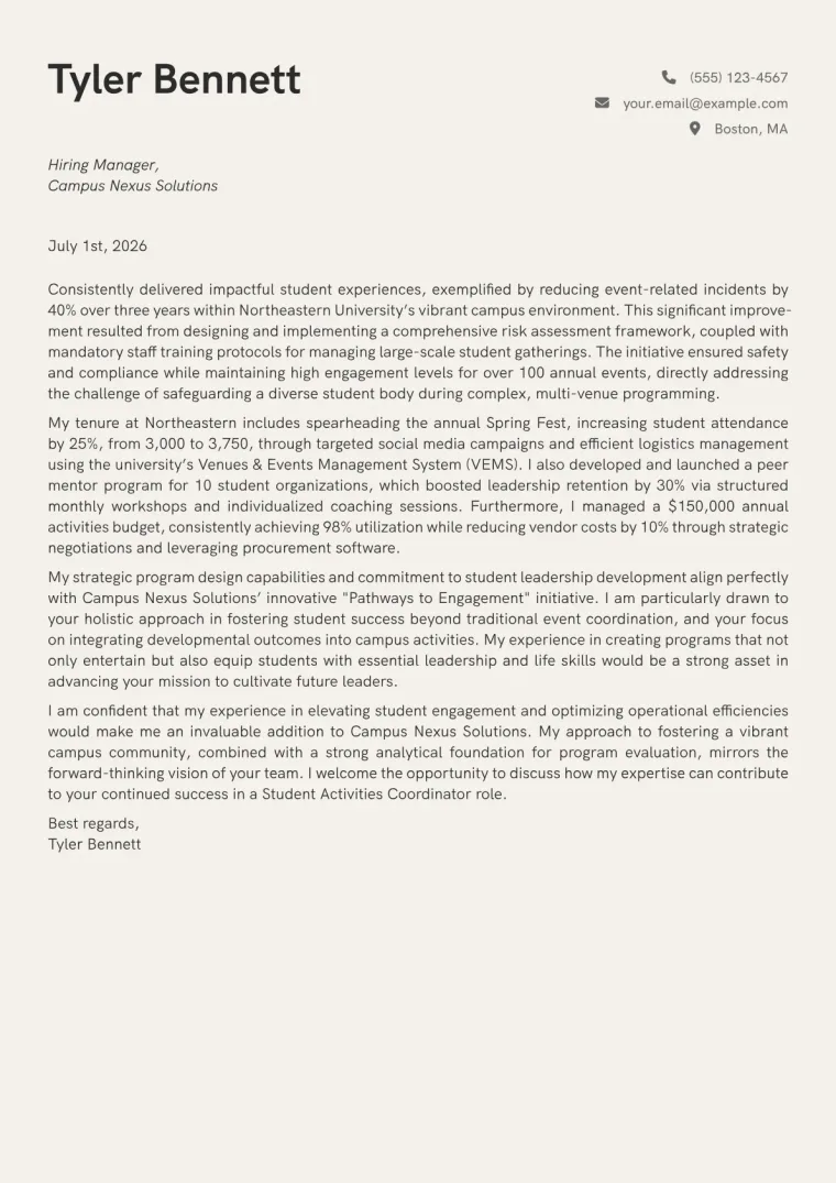 Student Activities Coordinator cover letter example preview