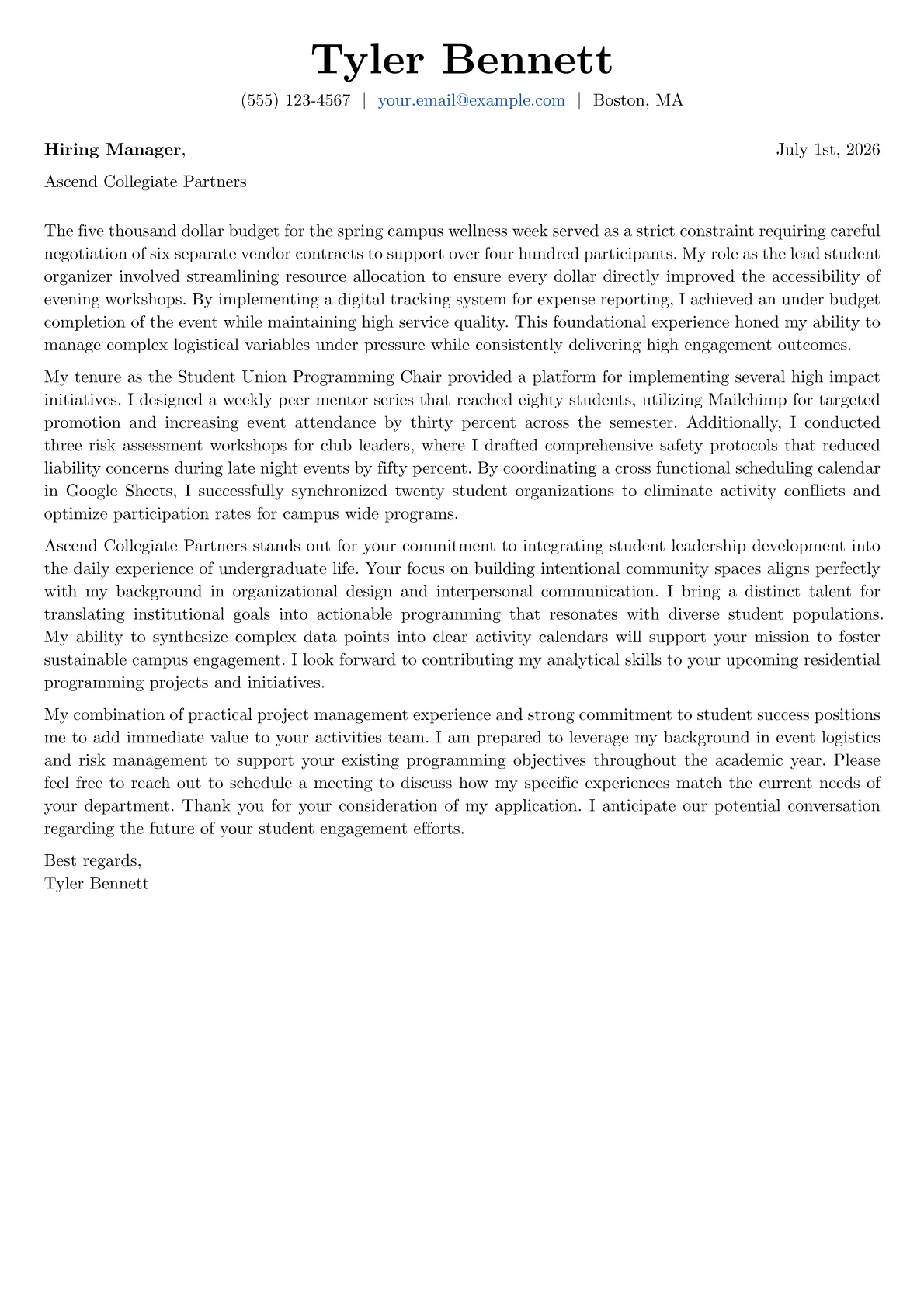 Student Activities Coordinator cover letter in the Basic design
