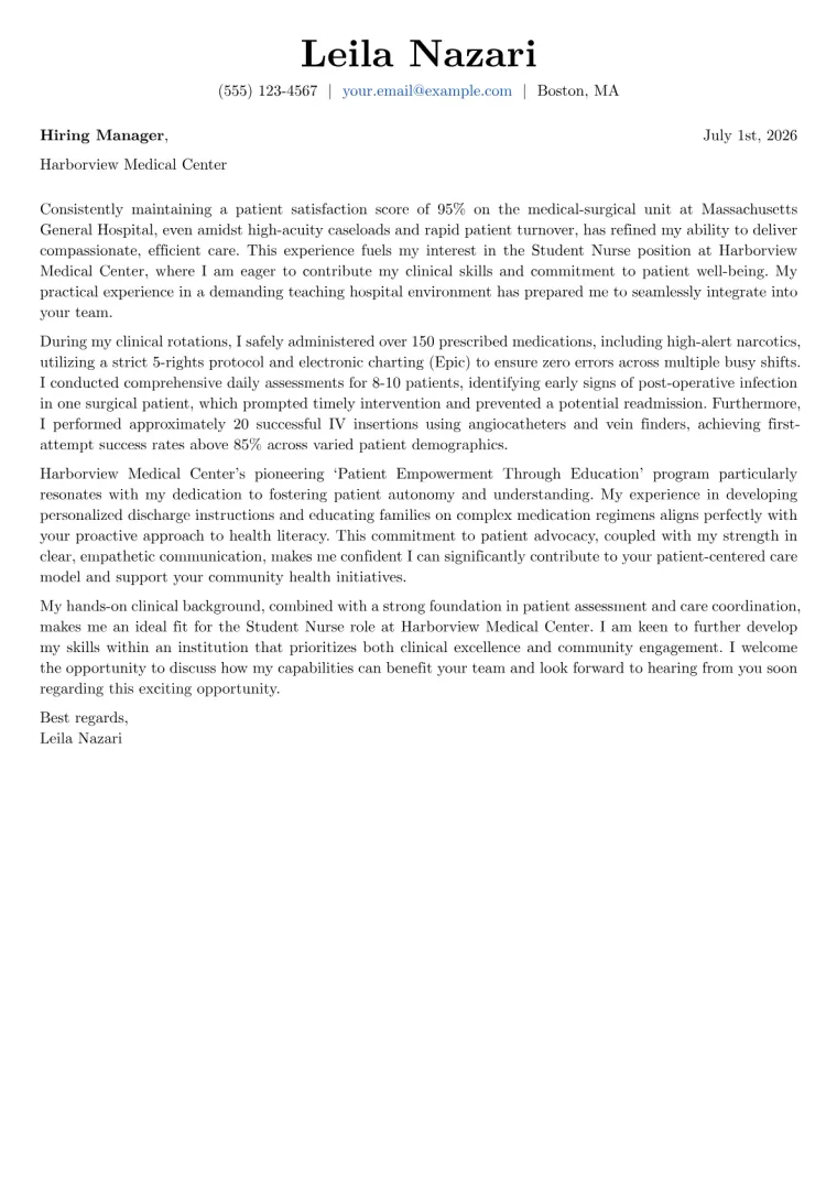 Student Nurse Cover Letter Example