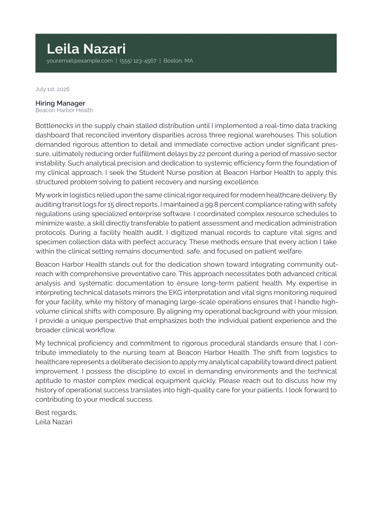 Student Nurse cover letter in the Banner design